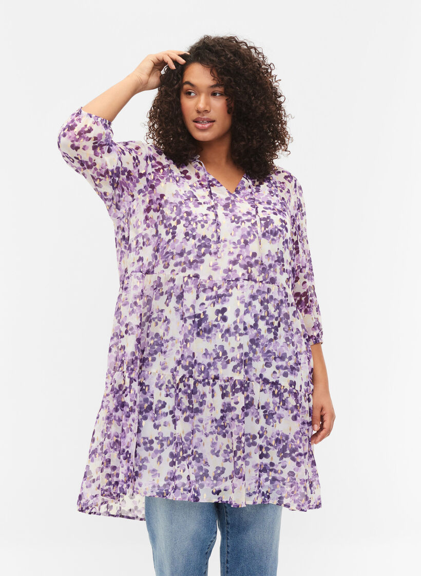 Tunika i blommönster och lurex, Beige/Purple Flower, Model image number 0
