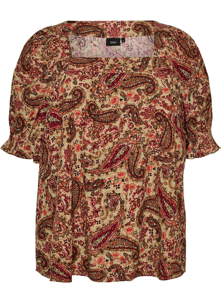 Blus i viskos med paisleym&ouml;nster och fyrkantig halsringning, Brun, Packshot image number 0