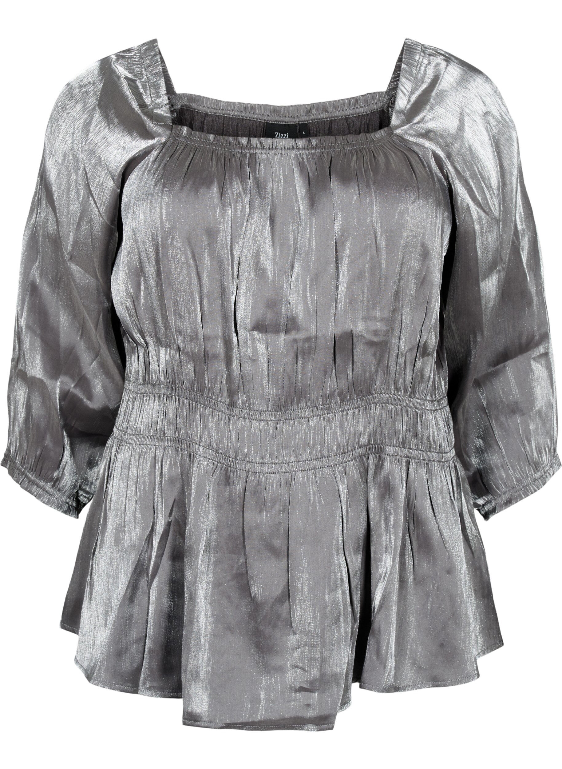 Zizzi Silverf&auml;rgad blus med trekvarts&auml;rm och smock, Dark Silver, Packshot image number 0