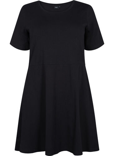 Enfärgad klänning i bomull med korta ärmar, Black, Packshot image number 0