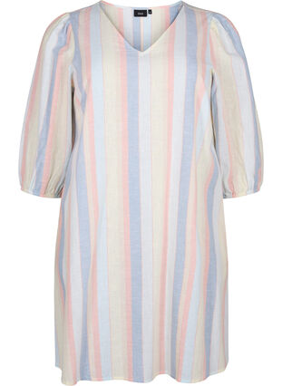 Kort klänning i bomullsblandning med linne, Multi Color Stripe, Packshot image number 0