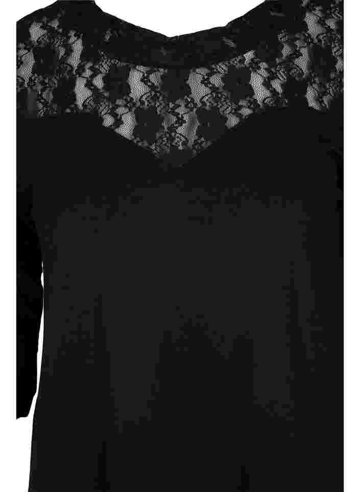 Viskosblus i spets och 3/4-ärmar, Black, Packshot image number 2