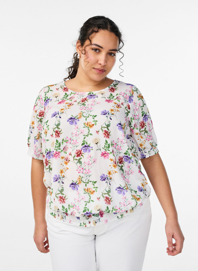 Blommig blus med smock, Rosa, Model image number 0