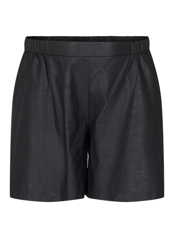 Shorts i läderimitation med lös passform, Black, Packshot image number 0