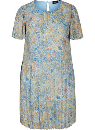 Plisserad klänning med blommönster, Light Blue Multi AOP, Packshot image number 0