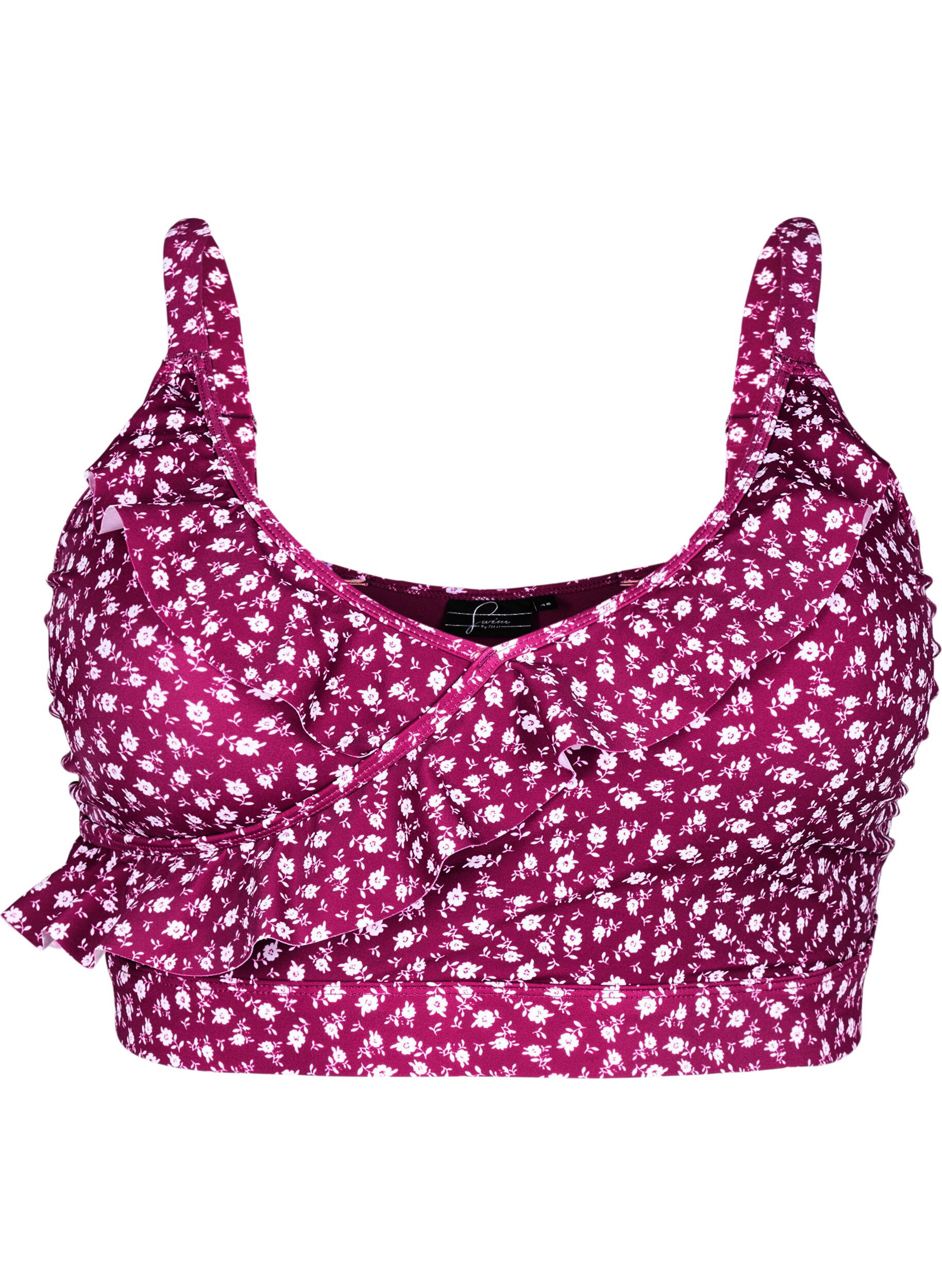 Zizzi Bikinitopp med blommigt tryck och volangdetaljer, R&ouml;d, Packshot image number 0