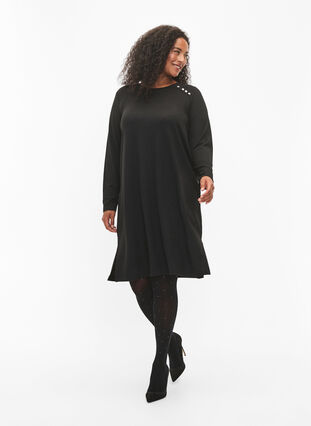 Långärmad jerseyklänning med knappdetaljer, Black, Model image number 3