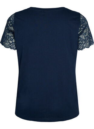 T-shirt i bomull med korta ärmar i spets, Navy Blazer, Packshot image number 1