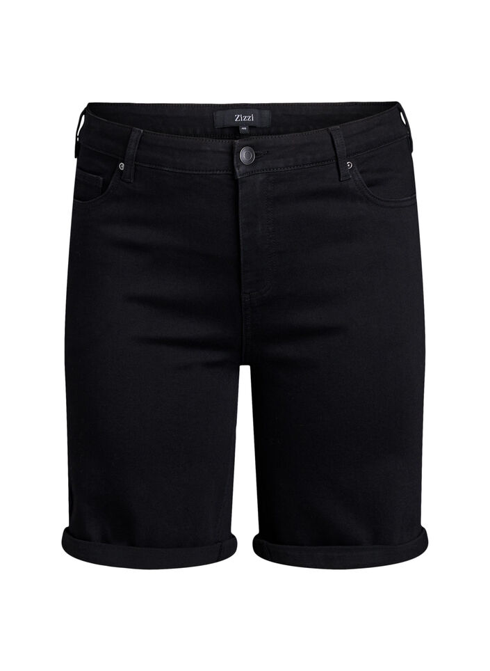Figurn&auml;ra jeansshorts med h&ouml;g midja, Svart, Packshot image number 0