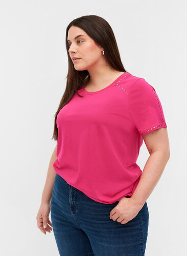 T-shirt i bomull med nitar, Fuchsia Purple, Model image number 0