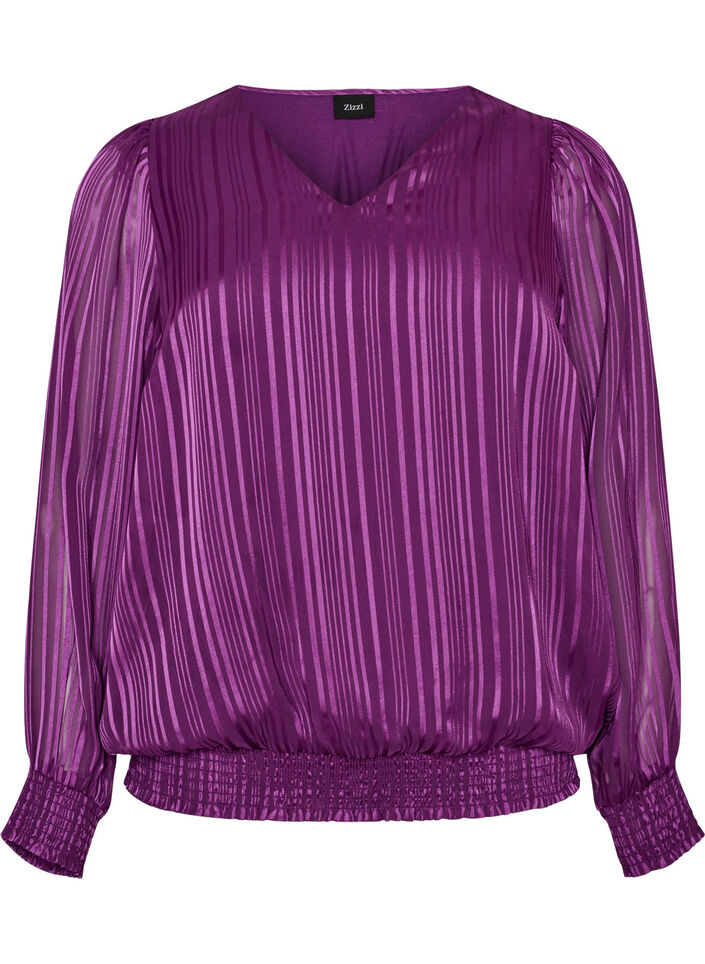 Randig blus med ballongform, Lila, Packshot image number 0