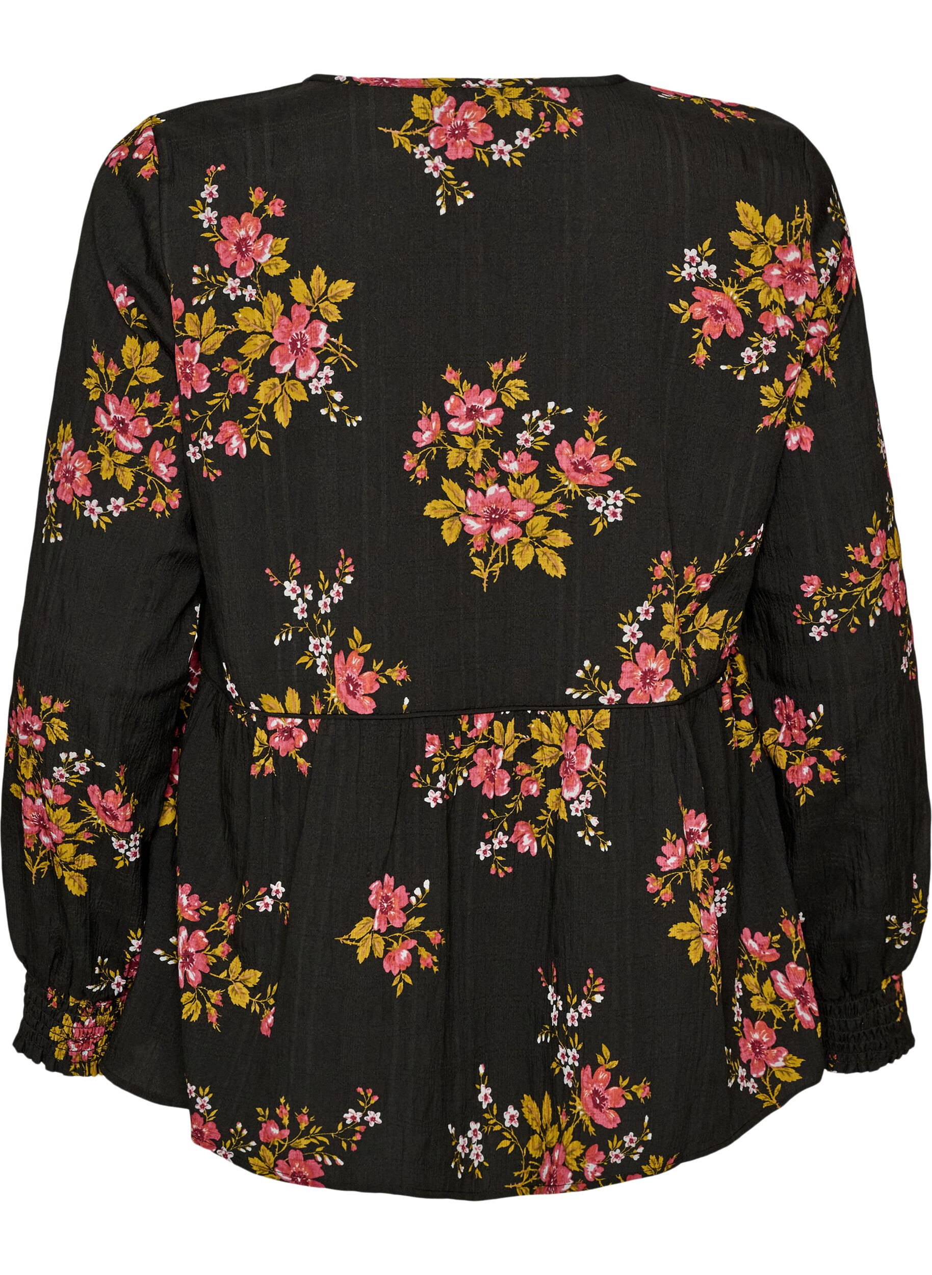 ZizziL&aring;ng&auml;rmad blus med blomm&ouml;nster, Svart, Packshot image number 1