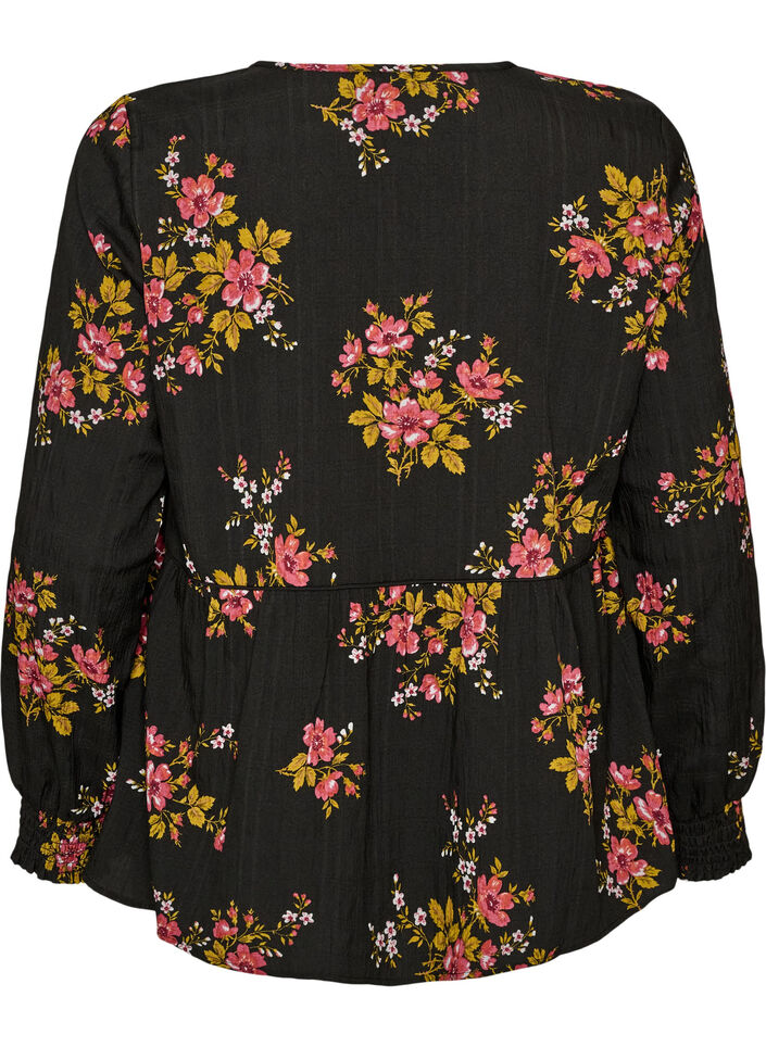 L&aring;ng&auml;rmad blus med blomm&ouml;nster, Svart, Packshot image number 1
