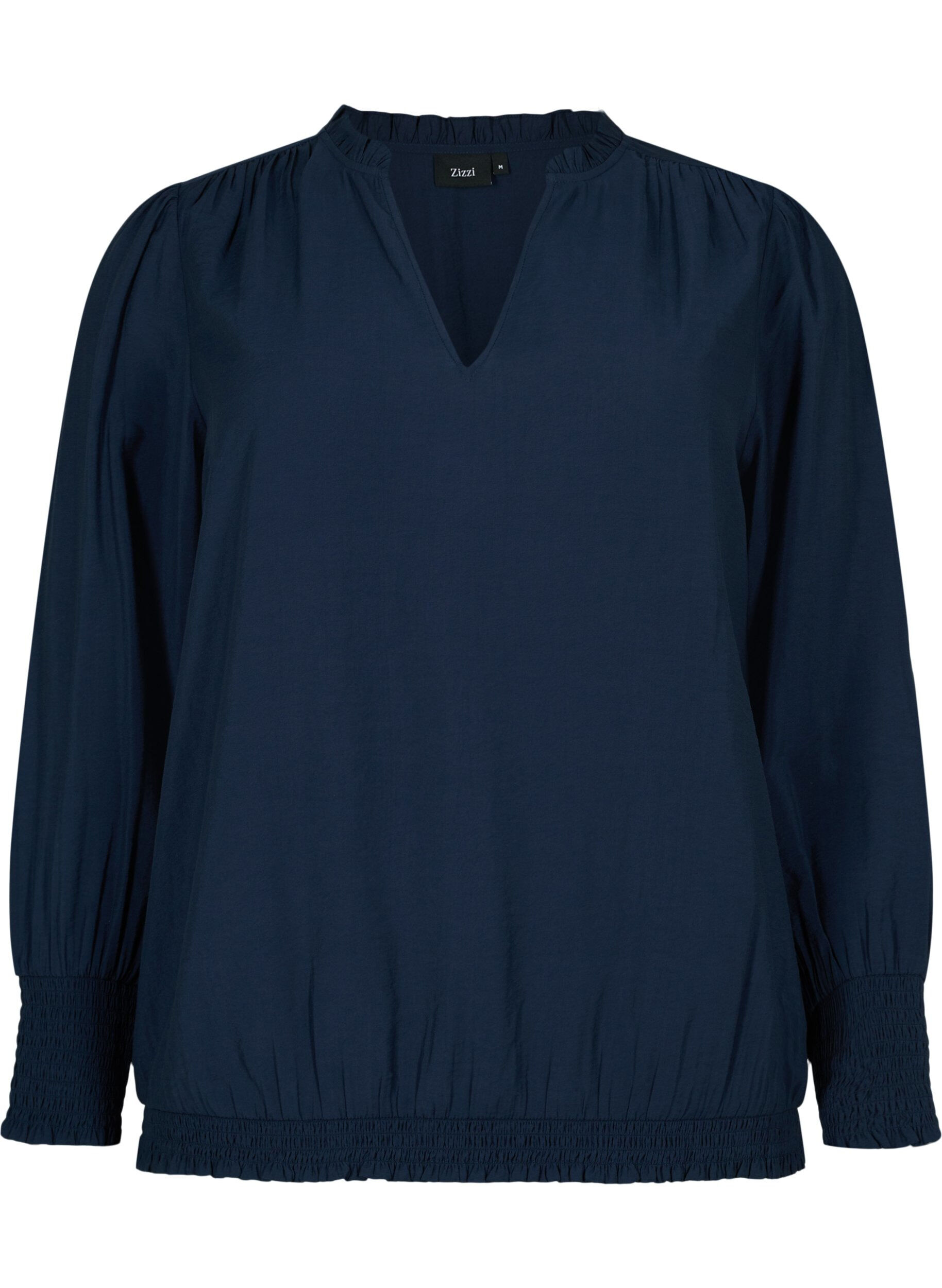 Zizzi Blus i viskos med l&aring;nga &auml;rmar och smock, Navy Blazer, Packshot image number 0
