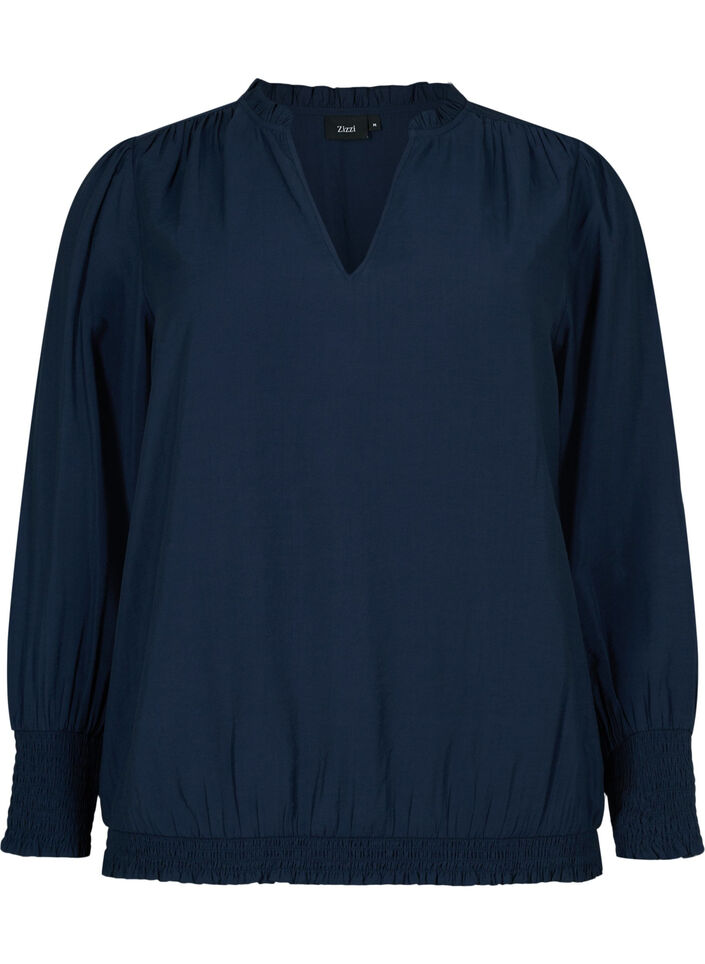 Blus i viskos med långa ärmar och smock, Navy Blazer, Packshot image number 0
