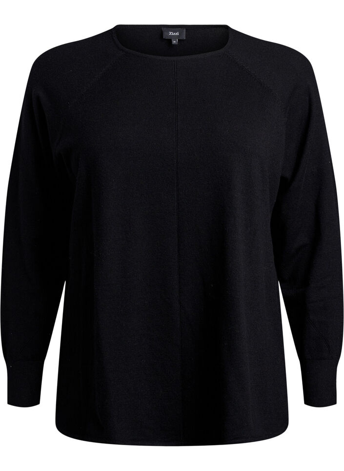 Stickad blus med rund halsringning och stickat m&ouml;nster, Svart, Packshot image number 0