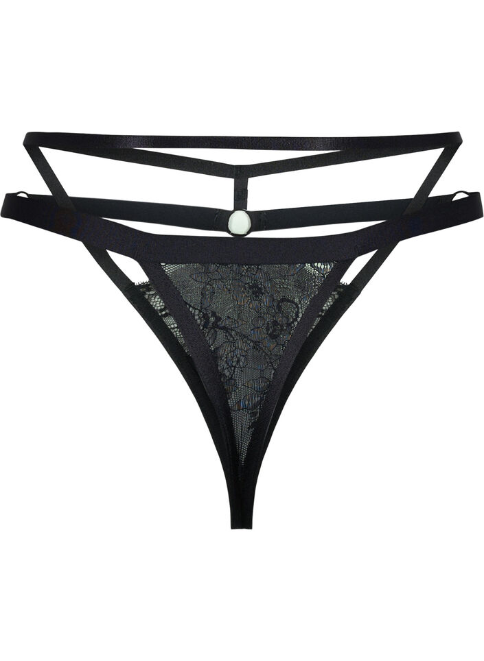 G-string med snörning och spets, Black, Packshot image number 1