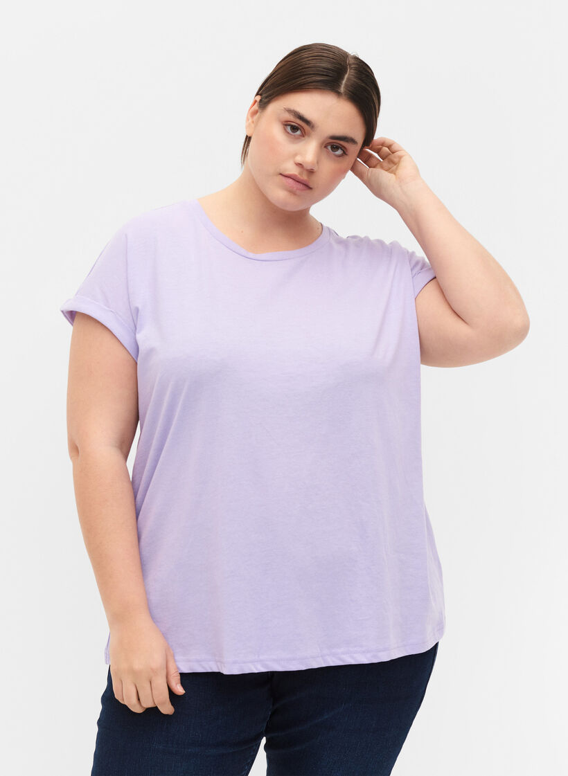 Kort&auml;rmad t-shirt i bomullsmix, Lila, Model image number 0