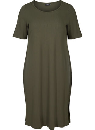 Ribbad klänning med korta ärmar, Dark Green, Packshot image number 0