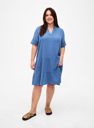 Kortärmad klänning i 100% bomull, Moonlight Blue, Model image number 2