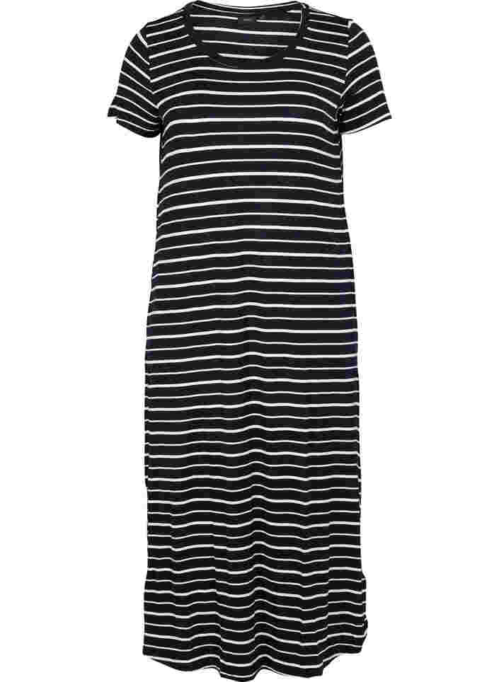 Randig midiklänning med korta ärmar, Black w. Stripe, Packshot image number 0