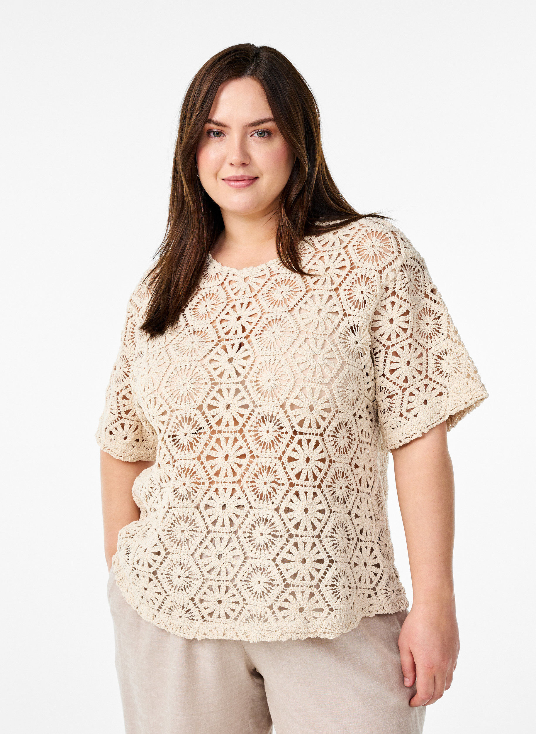Zizzi Virkad blus med korta &auml;rmar, Beige, Model image number 0