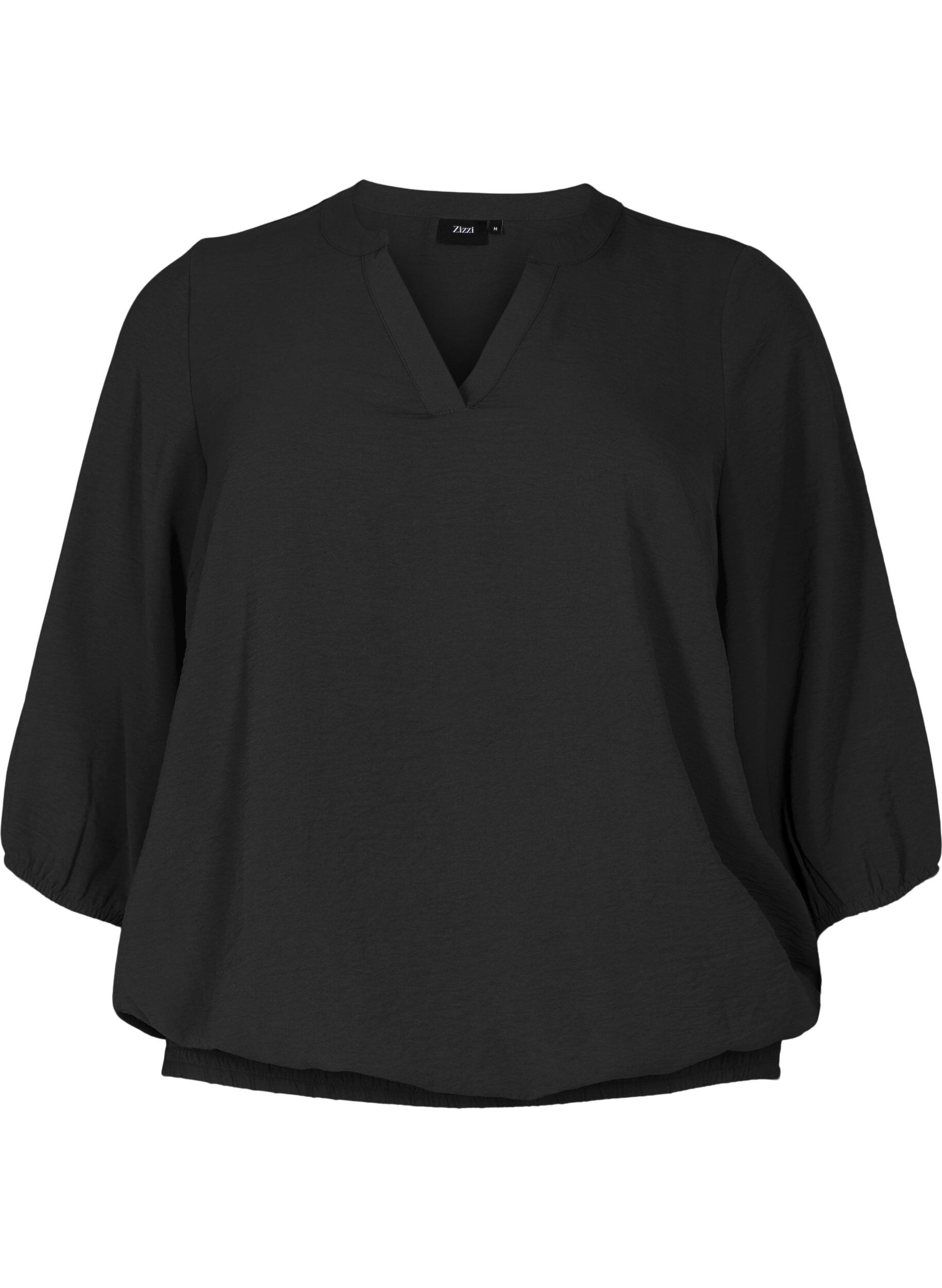Zizzi Blus med smock och 3/4-&auml;rmar, Black, Packshot image number 0