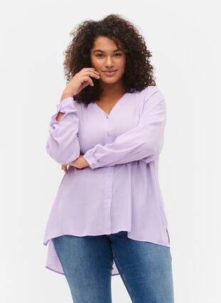 V-ringad skjorta med långa ärmar, Purple Rose, Model image number 0