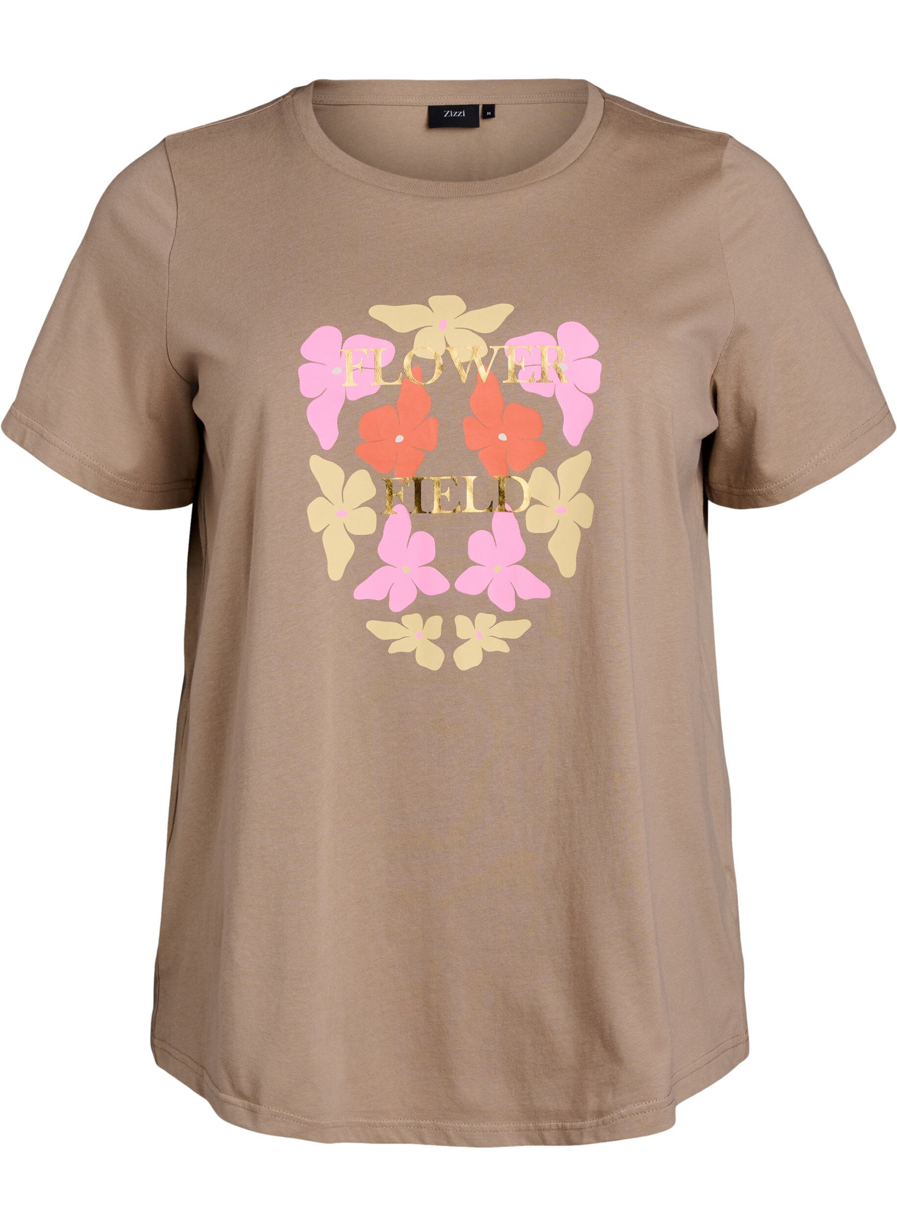 Zizzi T-shirt med blommigt tryck, Beige, Packshot image number 0
