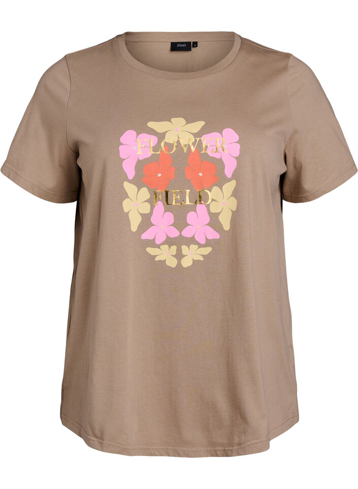 T-shirt med blommigt tryck, Beige, Packshot image number 0