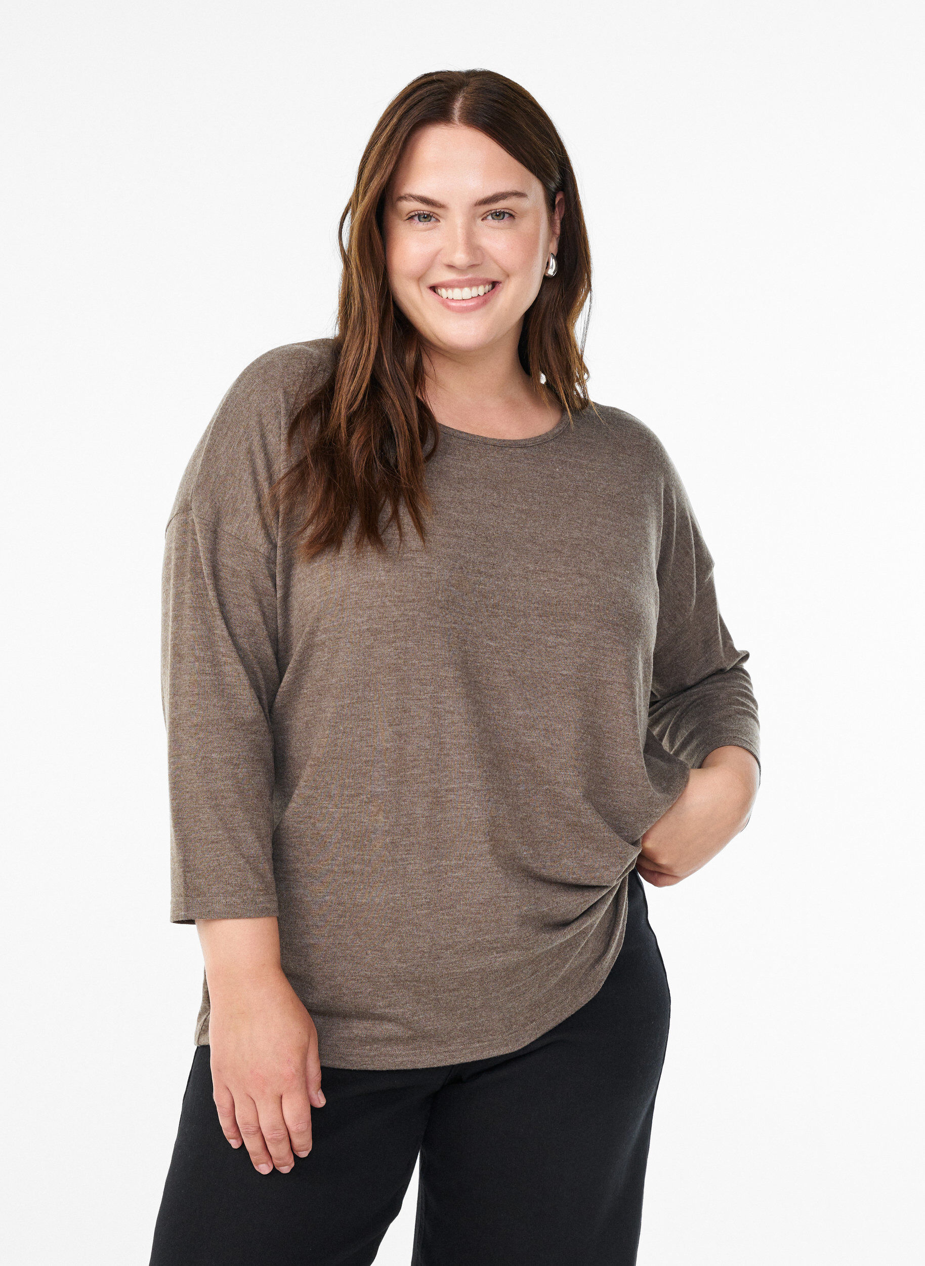 FLASH &ndash; Jerseyblus med 3/4-&auml;rm, Brun, Model