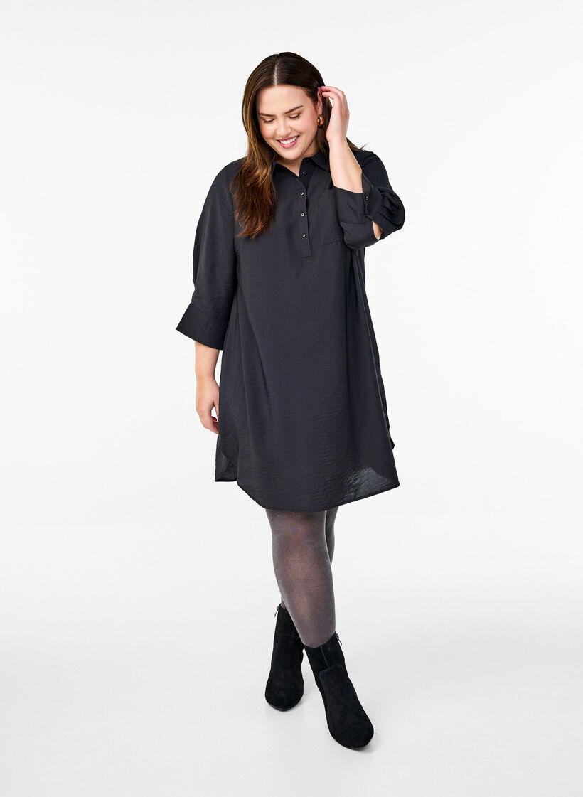 Kort kl&auml;nning med krage och br&ouml;stficka, Svart, Model image number 1