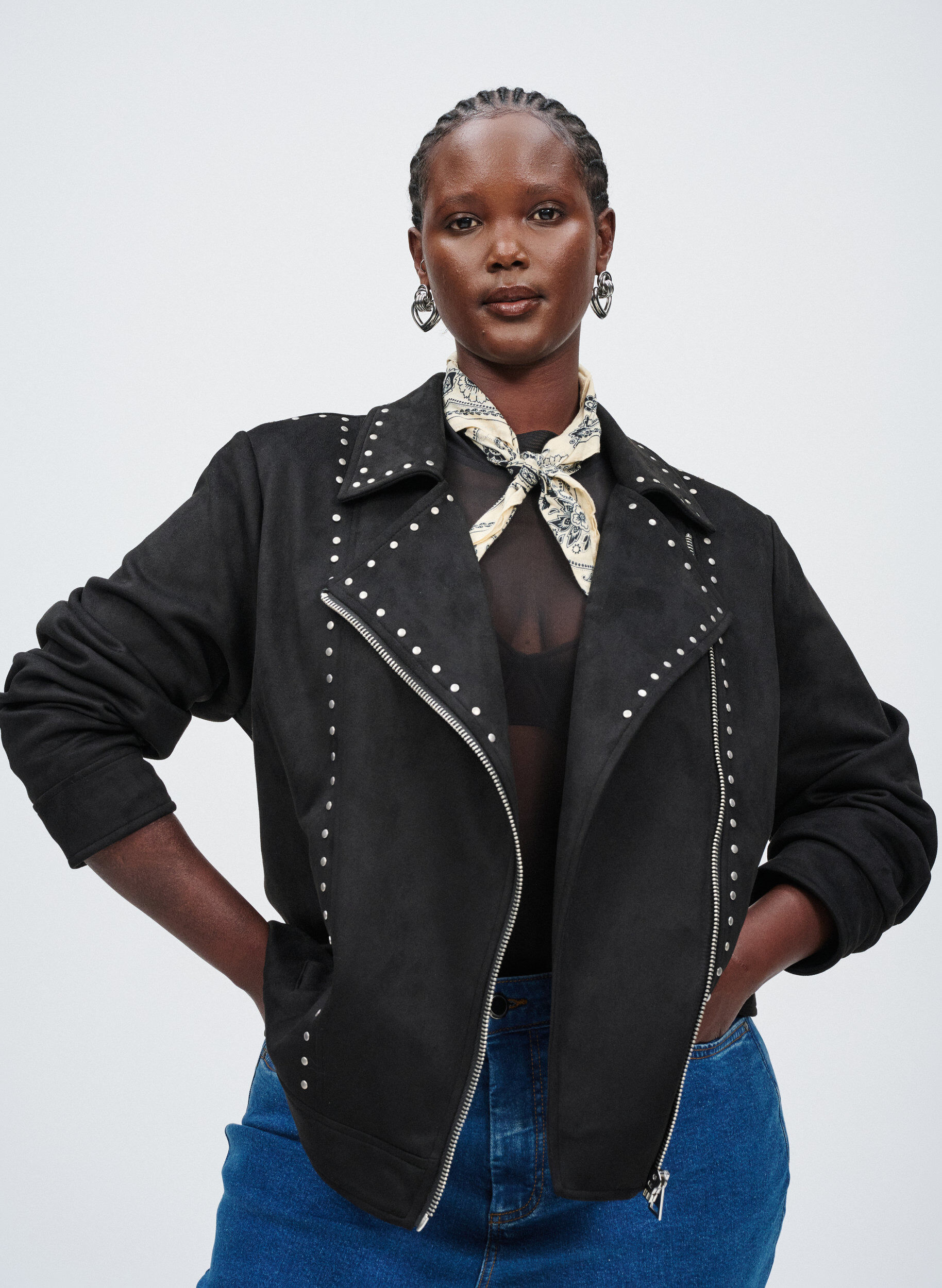 Zizzi Bikerjacka i imitationsmocka med nitar, Svart, Image image number 0