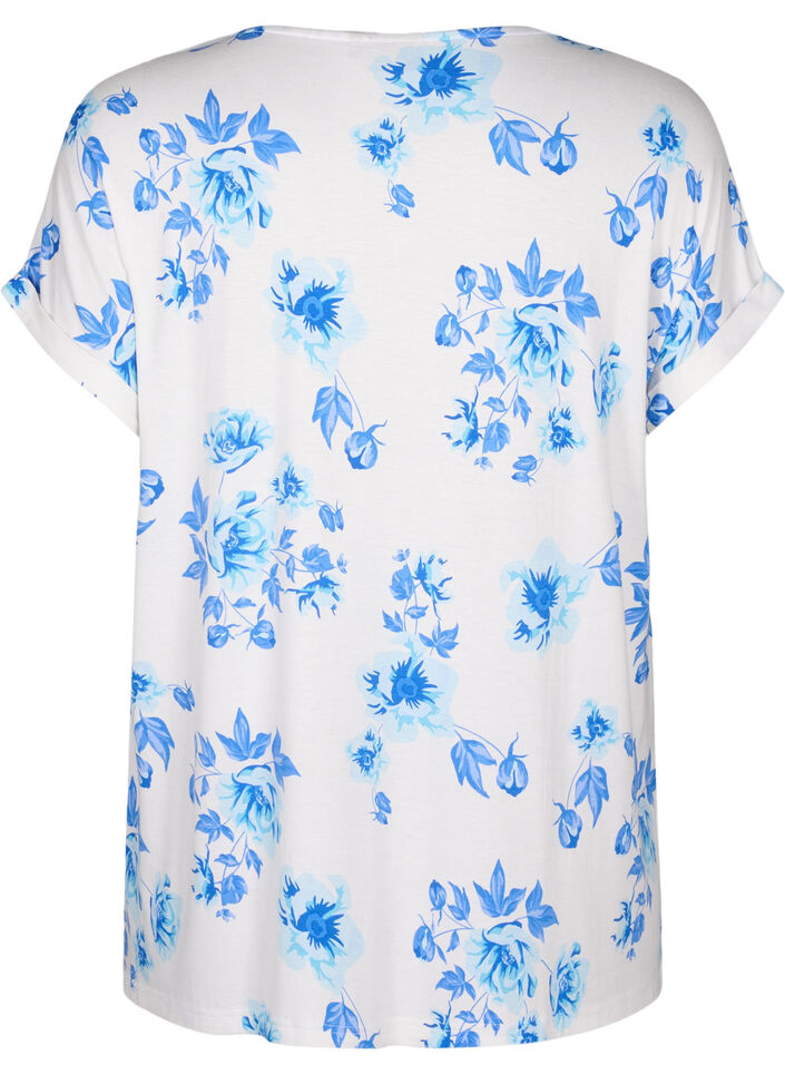 Blommig blus i viskos med kort ärm, White Blue AOP, Packshot image number 1