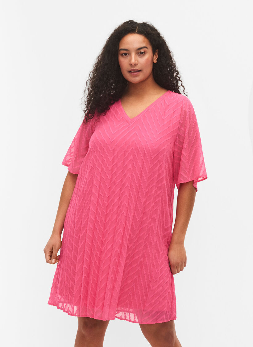 Kort&auml;rmad kl&auml;nning med struktur, Shocking Pink, Model image number 0
