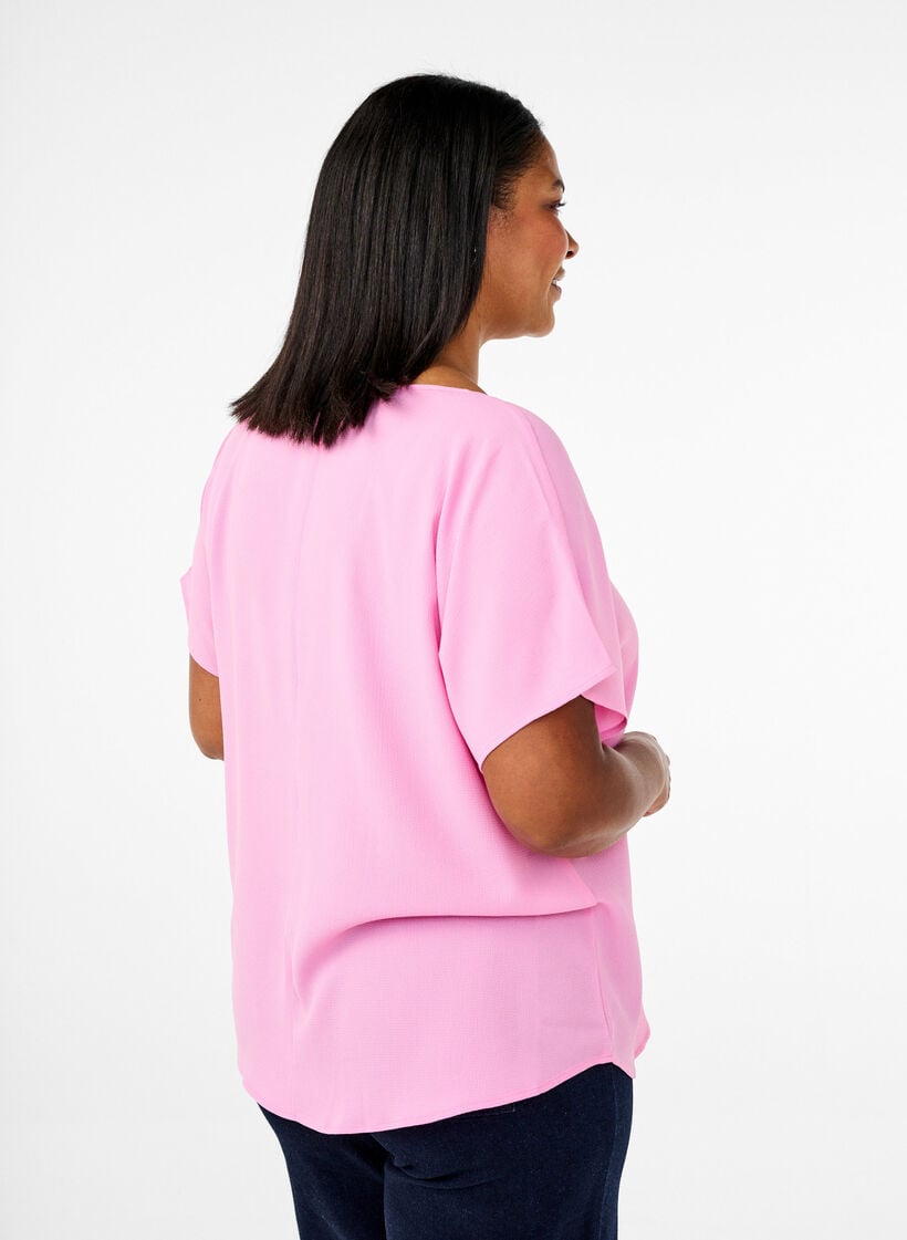 Blus med korta &auml;rmar och rund halsringning, Rosa, Model image number 2