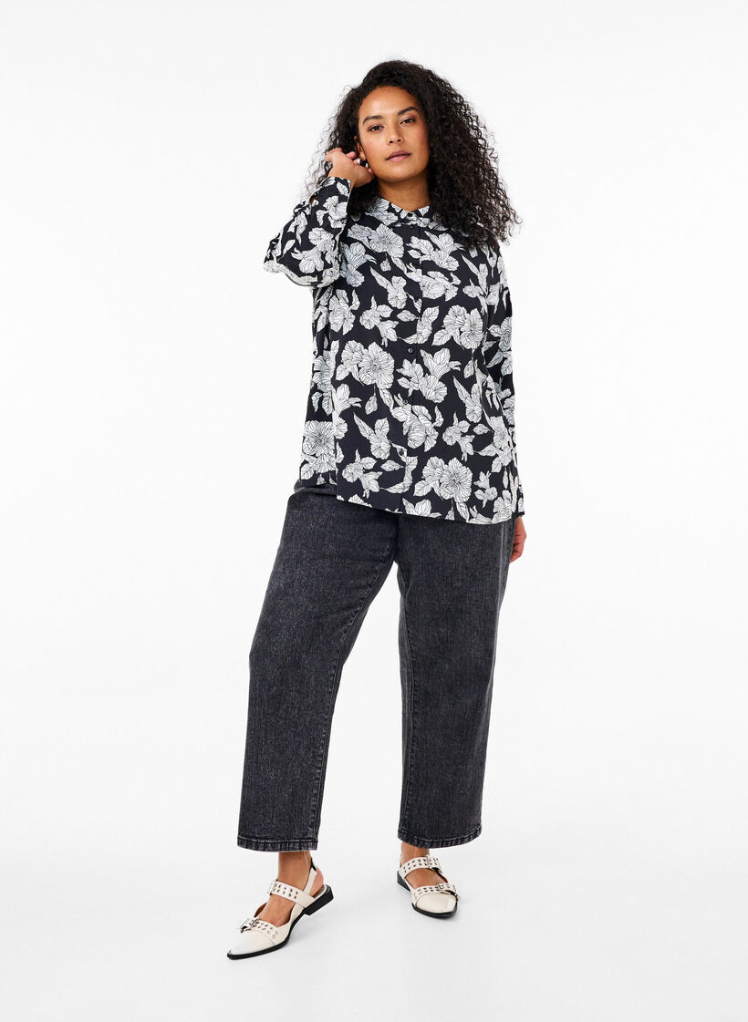 Skjorta med blommönster, Svart, Model image number 1