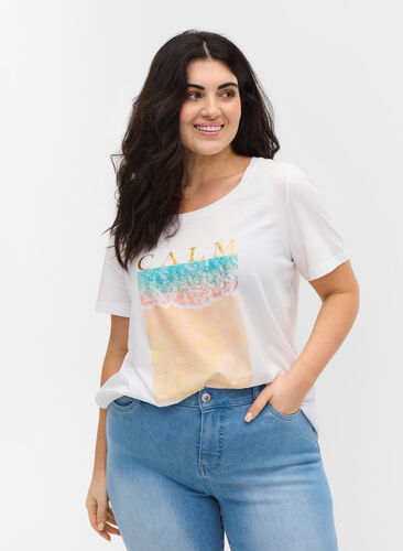 T-shirt i bomull med tryck, Bright White CALM, Model image number 0