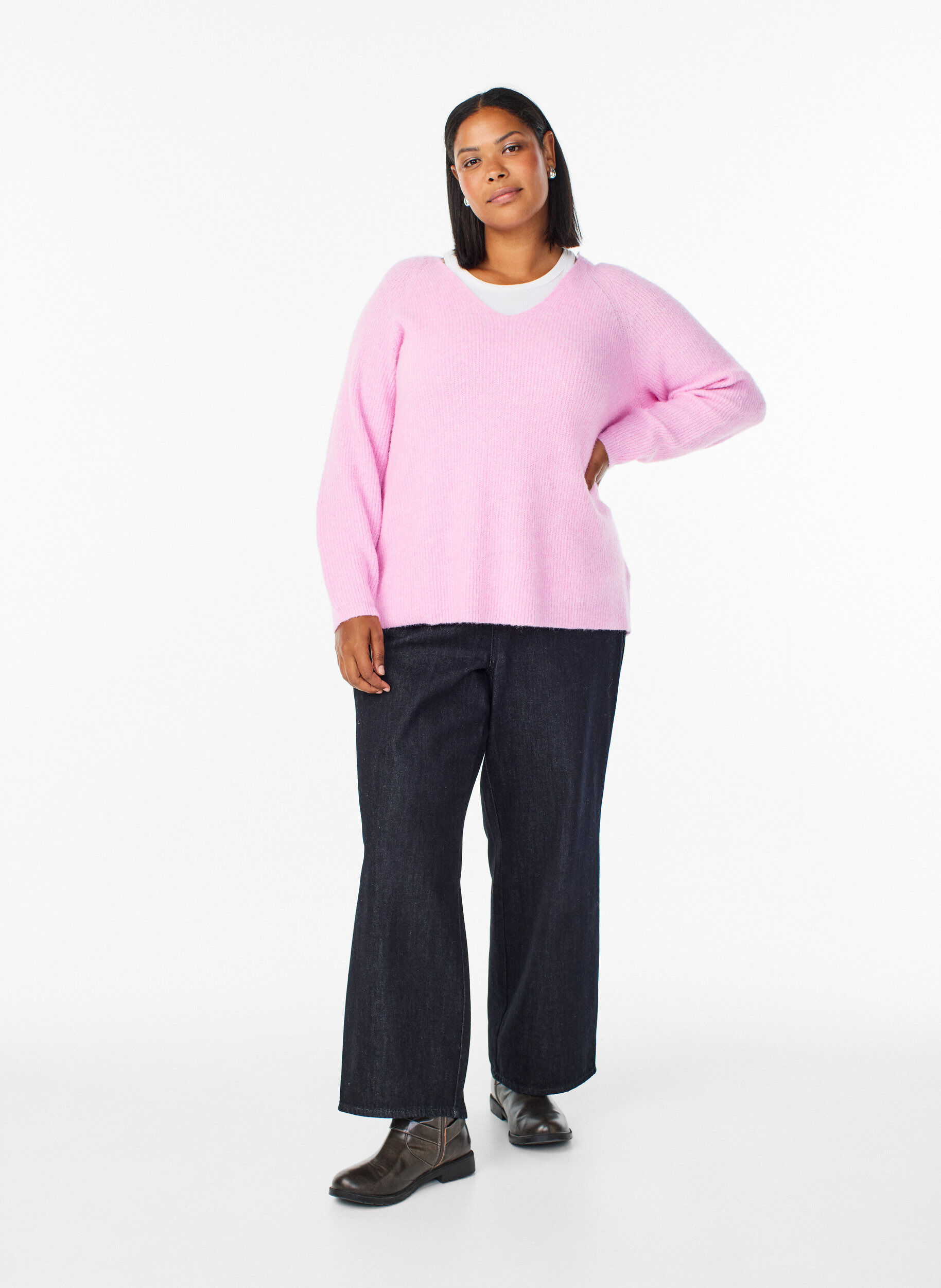 ZizziStickad blus med v-ringning och raglan&auml;rm, Rosa, Model image number 1