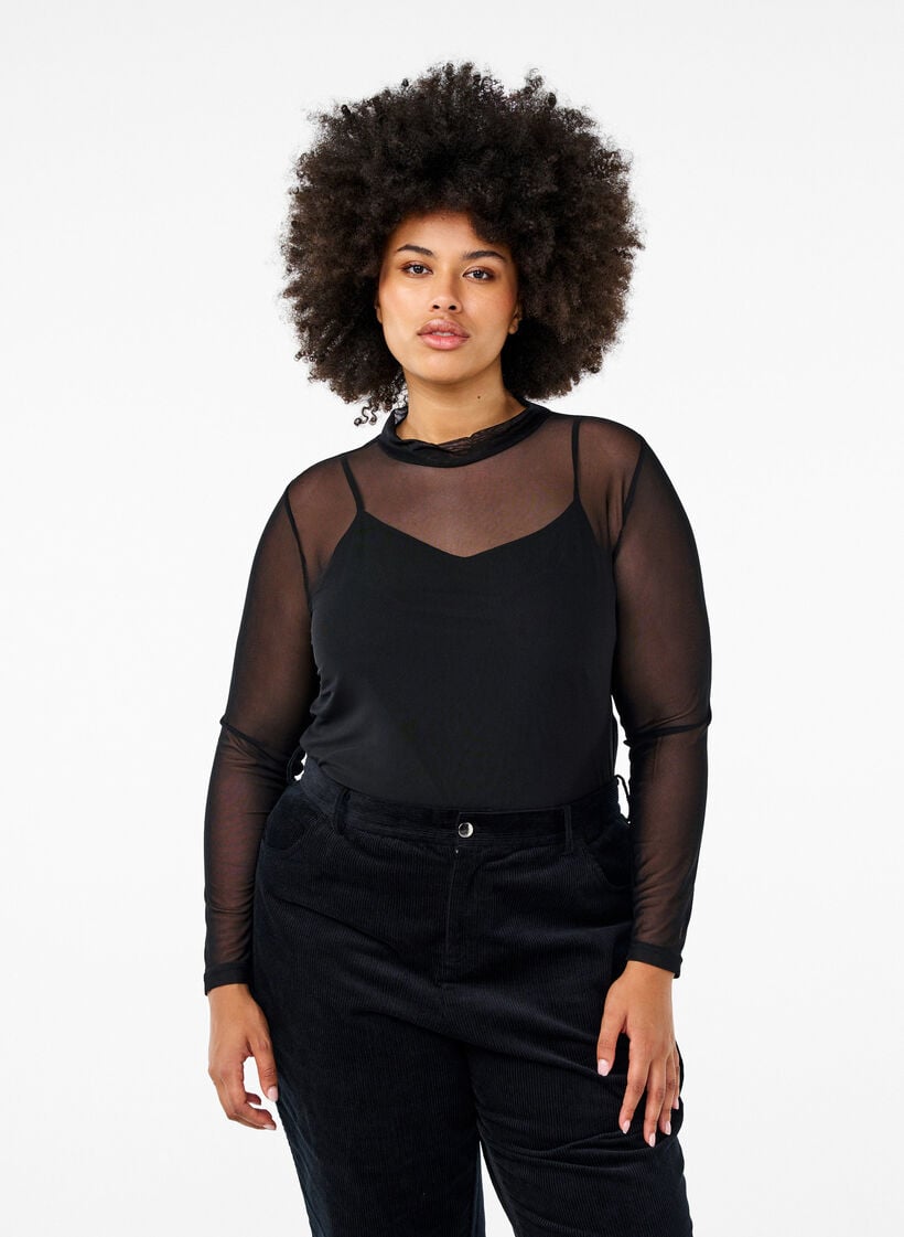 Figursydd blus i mesh med l&aring;nga &auml;rmar, Svart, Model image number 0