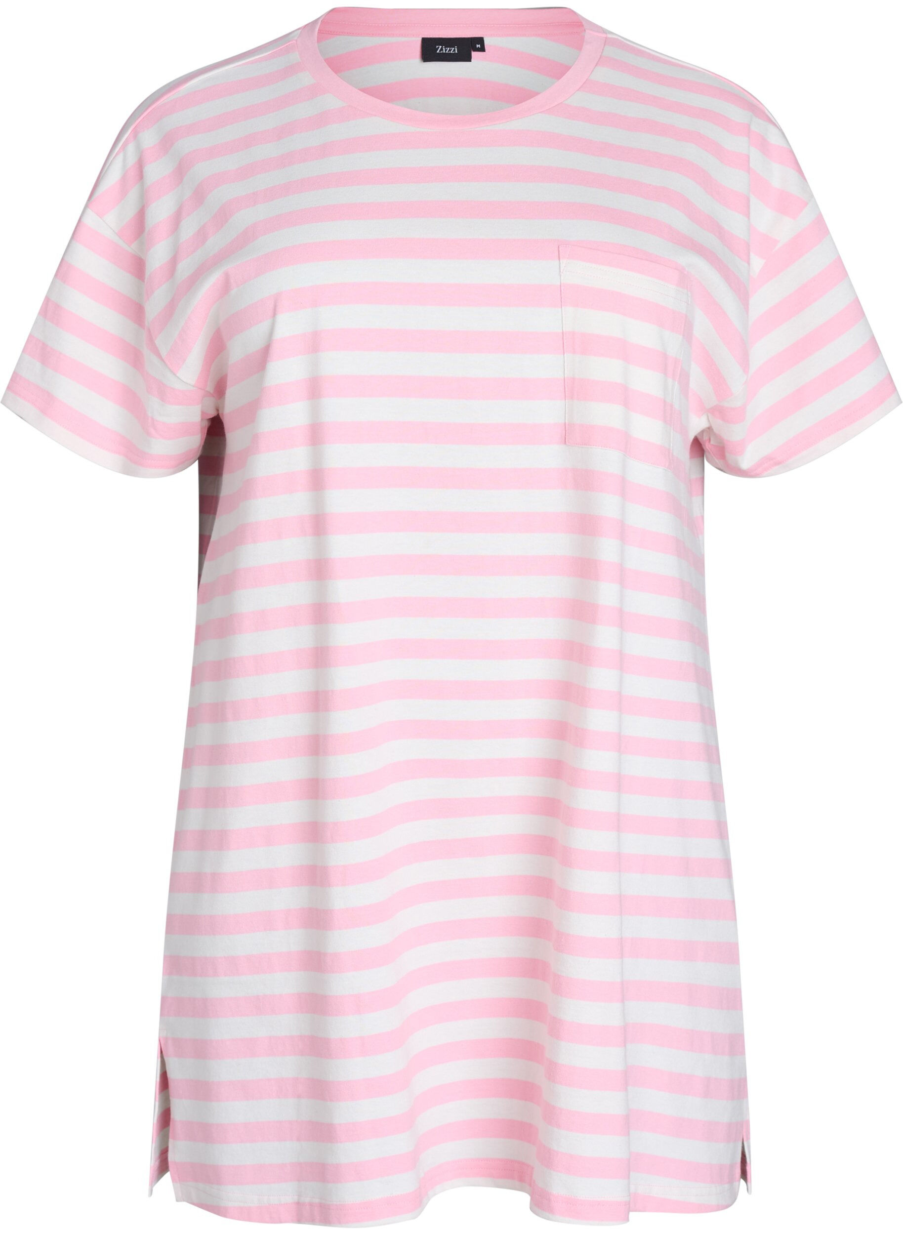 Zizzi L&aring;ng natt-t-shirt i ekologisk bomull med r&auml;nder, Rosa, Packshot image number 0
