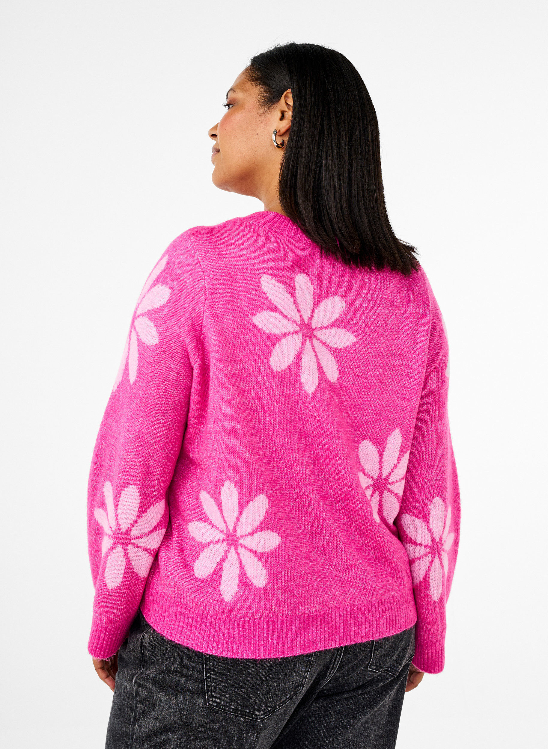 Zizzi Stickad blus med blommor, Raspberry Rose Comb, Model image number 1
