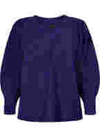 Melerad stickad tröja med puffärm och v-hals, Ultra Violet Mel.