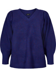 Melerad stickad tröja med puffärm och v-hals, Ultra Violet Mel.