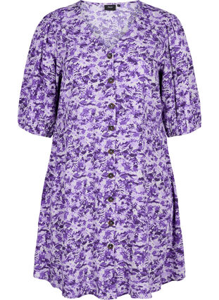 Klänning med knappar och 3/4 ärmar, Purple AOP, Packshot image number 0
