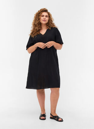 Kortärmad klänning i bomullsmix med linne, Black, Model image number 2