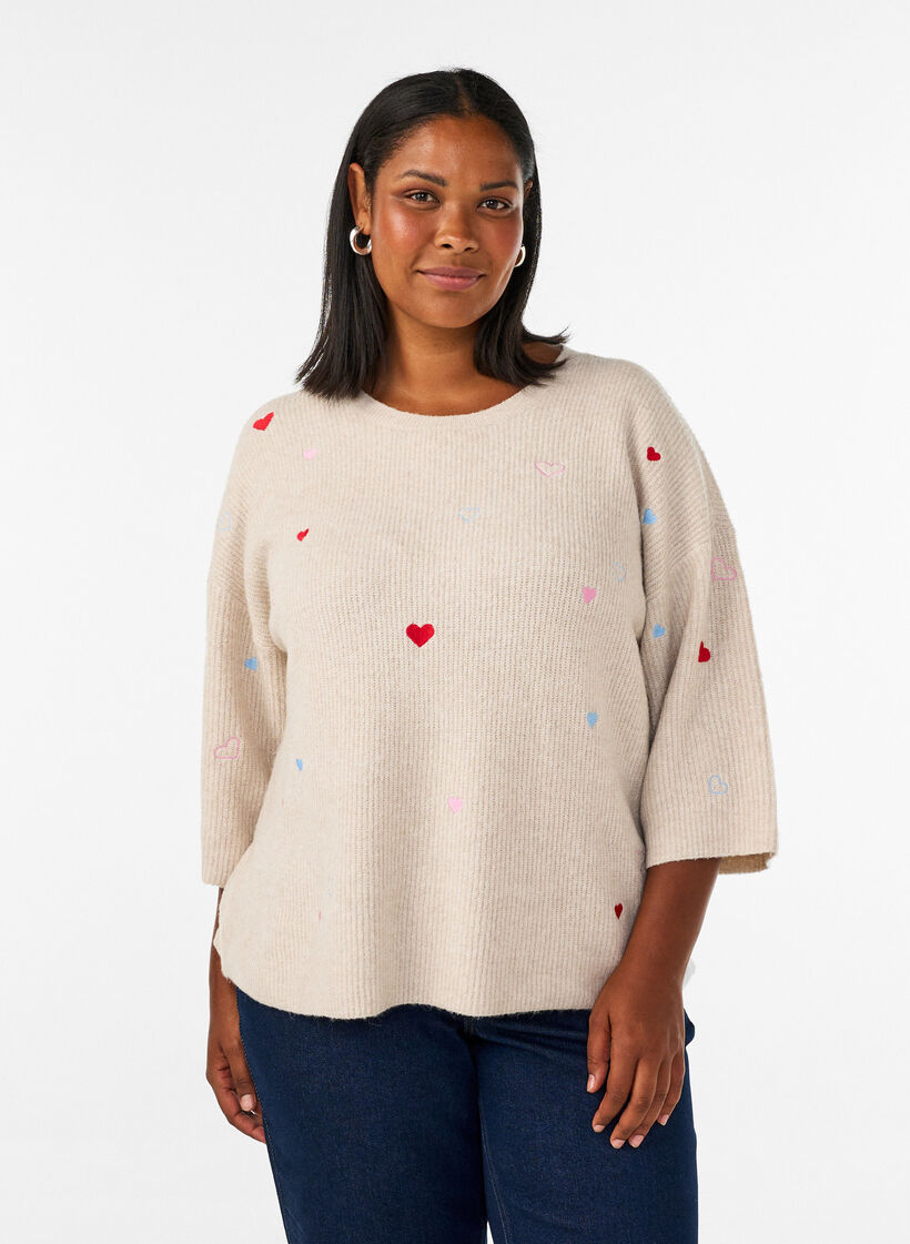Stickad blus med hj&auml;rtan och 3/4-&auml;rmar, Beige, Model image number 0