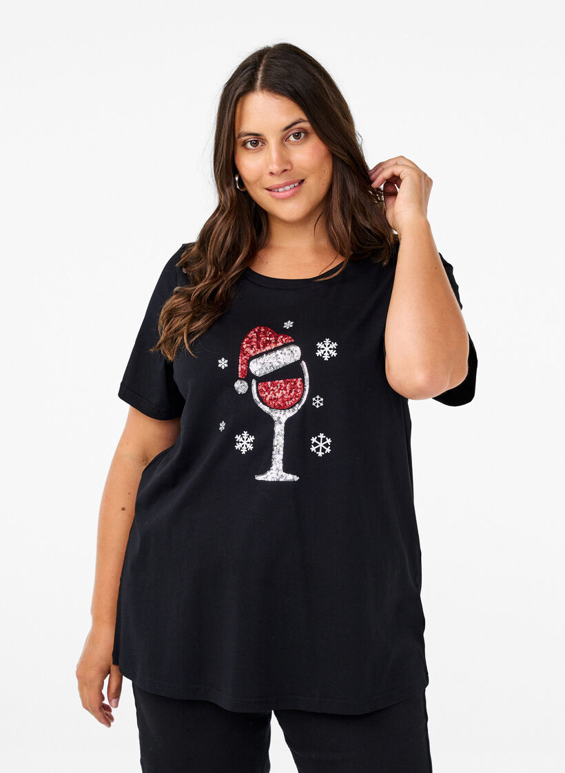 Jul-t-shirtar i 100% bomull, Black w. Wine, Model image number 0