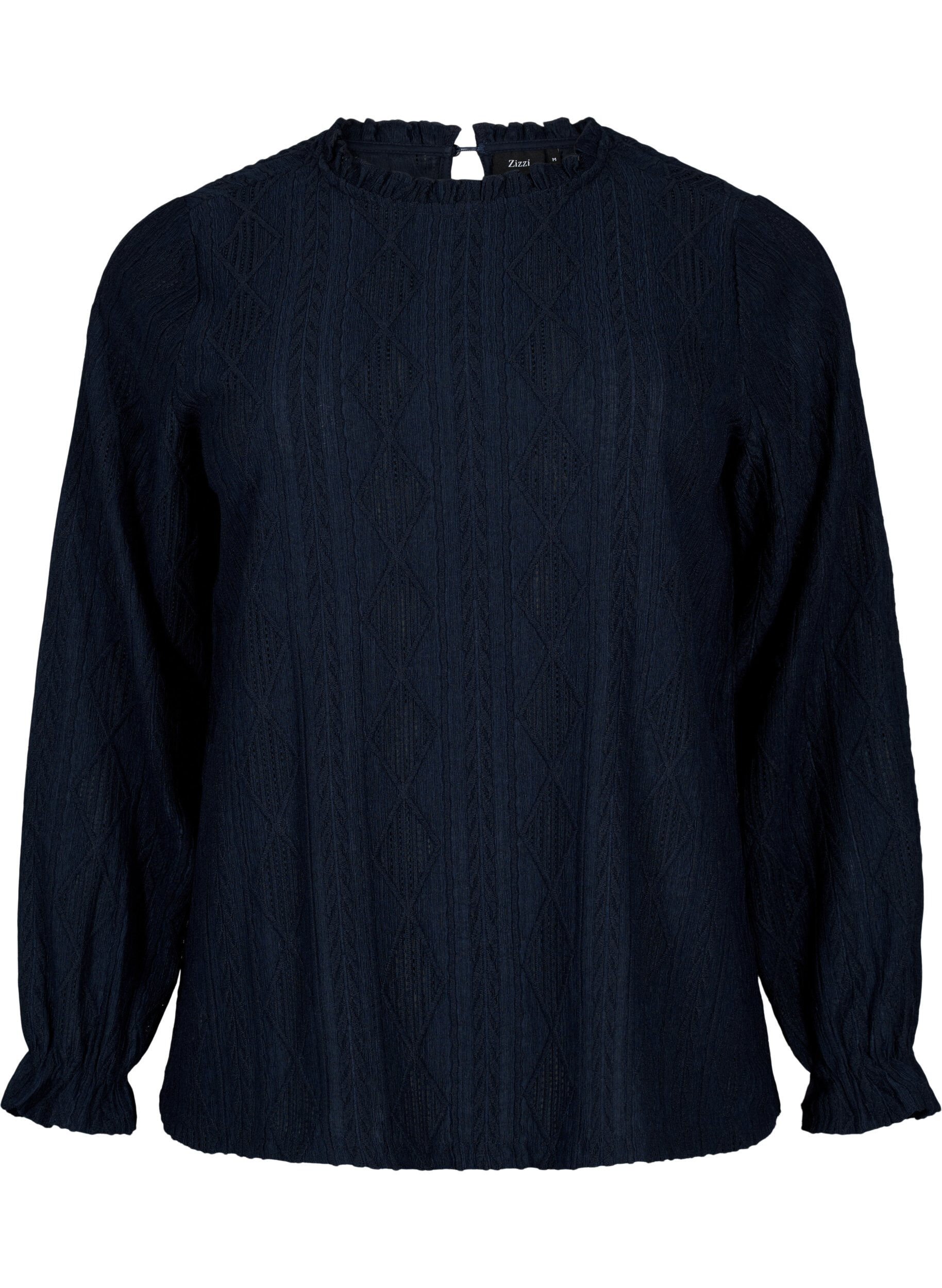 Zizzi Blus med volangdetaljer och ton-i-ton-m&ouml;nster, Night Sky, Packshot image number 0