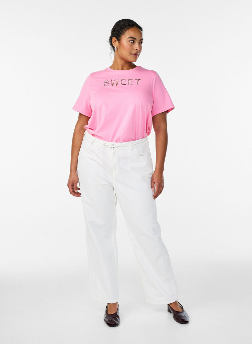 T-shirt i bomull med broderad text, Vit, Model image number 1